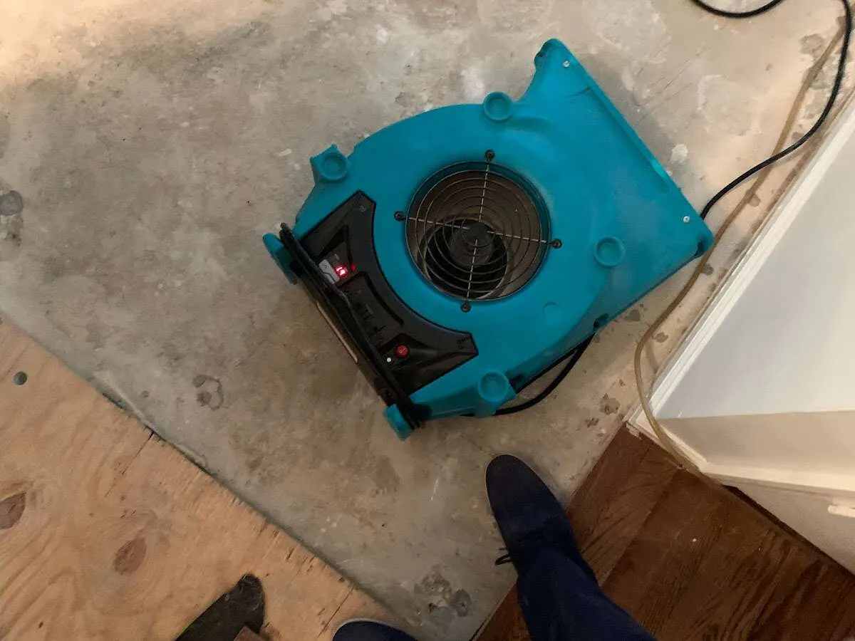 Air mover drying subfloor during Commercial Water Damage Restoration in Lynchburg